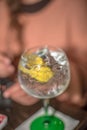 View of glass of refreshing gin, with lemon and ice, classic cup, with green foot Royalty Free Stock Photo