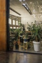 View through glass wall, work office in public floor industrial building, many indoor flowers Royalty Free Stock Photo