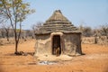 A view of a goat approaching a hut in a Himba tribe village in Namibia Royalty Free Stock Photo