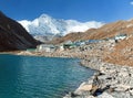 View of Gokyo lake and village with mount Cho Oyu Royalty Free Stock Photo