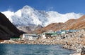 View of Gokyo lake and village with mount Cho Oyu