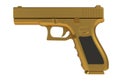 Beside view of gold semi automatic 9x19 handgun isolated