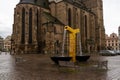 View of the golden fountains of Pilsen and the Cathedral of Saint Bartholomew Royalty Free Stock Photo