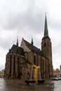 View of the golden fountains of Pilsen and the Cathedral of Saint Bartholomew Royalty Free Stock Photo