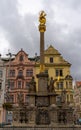 View of the golden fountains of Pilsen and the Cathedral of Saint Bartholomew Royalty Free Stock Photo