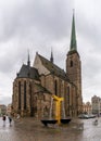 View of the golden fountains of Pilsen and the Cathedral of Saint Bartholomew Royalty Free Stock Photo