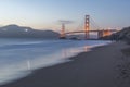 Golden Gate Bridge from Baker Beach at dusk, South Bay, San Francisco Royalty Free Stock Photo