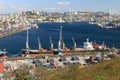 View of the Golden Horn Bay, the Golden Bridge and the fishing port of Vladivostok from the top of Krestovaya Sopka Royalty Free Stock Photo