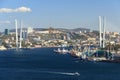 View of the Golden Horn Bay, the Golden Bridge and the fishing port of Vladivostok from the top of Krestovaya Sopka Royalty Free Stock Photo