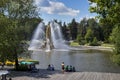 View of Golden Spike fountain in VDNH park in Moscow at sunny summer day. Exhibition of Achievements of National Economy is Royalty Free Stock Photo