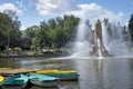 View of Golden Spike fountain in VDNH park in Moscow at sunny summer day. Exhibition of Achievements of National Economy is Royalty Free Stock Photo