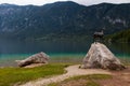 View at goldenhorn bronze statue at Bohinj lake