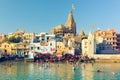 View of Gomti Ghat and Krishna Temple Shree Dwarkadhish in Dwarka Royalty Free Stock Photo