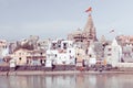 View of Gomti Ghat and Krishna temple Shree Dwarkadhish in Dwarka Royalty Free Stock Photo