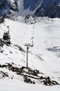 View of the gondola lift and the ski slope on the slope of Mount Elbrus