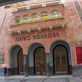 View at the Gondora Theatre main front facade, an iconic renovated multipurpose classic building, on Cordoba downtown, Spain