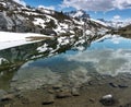 Gorgeous mountain lake in the Alps with reflections and snow remnants