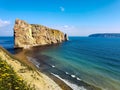 View of the gorgeous Perce Rock in the Gulf of Saint Lawrence, Quebec, Canada