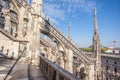 view of Gothic architecture and art on the roof of Milan Cathedral (Duomo di Milano), Italy Royalty Free Stock Photo