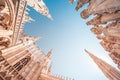 view of Gothic architecture and art on the roof of Milan Cathedral (Duomo di Milano), Italy Royalty Free Stock Photo