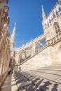 view of Gothic architecture and art on the roof of Milan Cathedral (Duomo di Milano), Italy Royalty Free Stock Photo