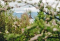 View of a gothic church Havranok at Lake Liptovska Mara. Slovakia Royalty Free Stock Photo