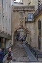 View of a gothic gate, medieval details on facade, a iconic urban point on downtown Coimbra city