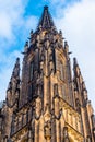 View on gothic part of St. Vitus cathedral in Prague Castle and deep blue sky above