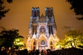 View on gothic Roman Catholic cathedral church Notre-Dame at night in central part of old French city Reims, France Royalty Free Stock Photo