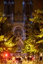 View on gothic Roman Catholic cathedral church Notre-Dame at night in central part of old French city Reims, France Royalty Free Stock Photo