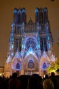 View on gothic Roman Catholic cathedral church Notre-Dame at night in central part of old French city Reims, France Royalty Free Stock Photo