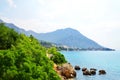 View of Gradac town located on the coast of Adriatic sea, Makarska riviera, Croatia. Royalty Free Stock Photo