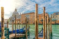 View of the Grand Canal and Basilica Santa Maria della Salute during sunrise with gondolas, Venice, Italy Royalty Free Stock Photo