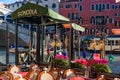 View of the Grand Canal, Rialto Bridge, and gondolas from outdoor restaurant seats, Venice