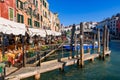 View of the Grand Canal, Rialto Bridge, and gondolas from outdoor restaurant seats, Venice