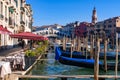 View of the Grand Canal, Rialto Bridge, and gondolas from outdoor restaurant seats, Venice Royalty Free Stock Photo