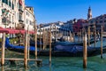 View of the Grand Canal, Rialto Bridge, and gondolas from outdoor restaurant seats, Venice Royalty Free Stock Photo