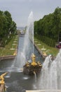 View of The Grand Cascade fountain and Grand Palace in Petergof