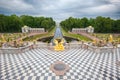 View of The Grand Cascade fountain and Grand Palace in Petergof Royalty Free Stock Photo
