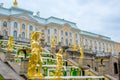 View of The Grand Cascade fountain and Grand Palace in Petergof Royalty Free Stock Photo