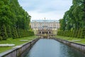 View of The Grand Cascade fountain and Grand Palace in Petergof Royalty Free Stock Photo