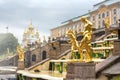 View of The Grand Cascade fountain and Grand Palace in Petergof Royalty Free Stock Photo