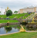 View of The Grand Cascade fountain and Grand Palace in Petergof Royalty Free Stock Photo