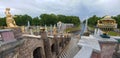 View of The Grand Cascade fountain and Grand Palace in Petergof Royalty Free Stock Photo