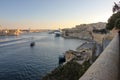 View of Grand Harbour in Valletta during sunset. Three cities and big cruise liners in far