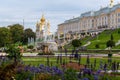 View of the Grand Palace and Palace church in the Peterhof palace and gardens. Petergof, Saint Petersburg, Russia