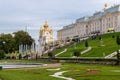 View of the Grand Palace and Palace church in the Peterhof palace and gardens. Petergof, Saint Petersburg, Russia