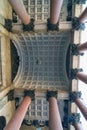 View of the granite columns and the ceiling of the entrance to St. Isaac`s Cathedral