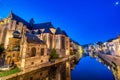 View of Graslei quay and Leie river in the historic city center in Gent, Belgium. Architecture and landmark of Ghent in spring