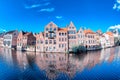 View of Graslei quay and Leie river in the historic city center in Gent, Belgium. Architecture and landmark of Ghent in spring